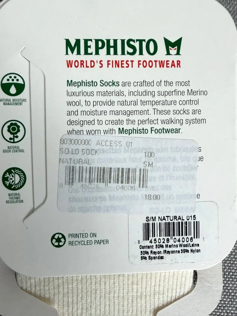 MEPHISTO Merino Blend No-Show Socks S/M Natural SO-LO 4-7.5 women's